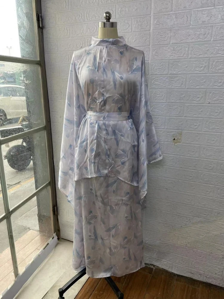 

Fashion Printed Top Skirt 2 Piece Sets Women Full Sleeve Belt Top High Waist Skirts Suit Lady Summer Chic Casual Party Robes