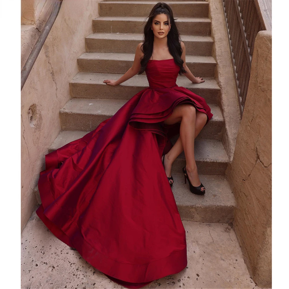 Hoog Laag Strapless A-lijn Galajurken Op maat gemaakte mouwloze robes de soirée Formele feestjurken Dames satijnen avondjurk