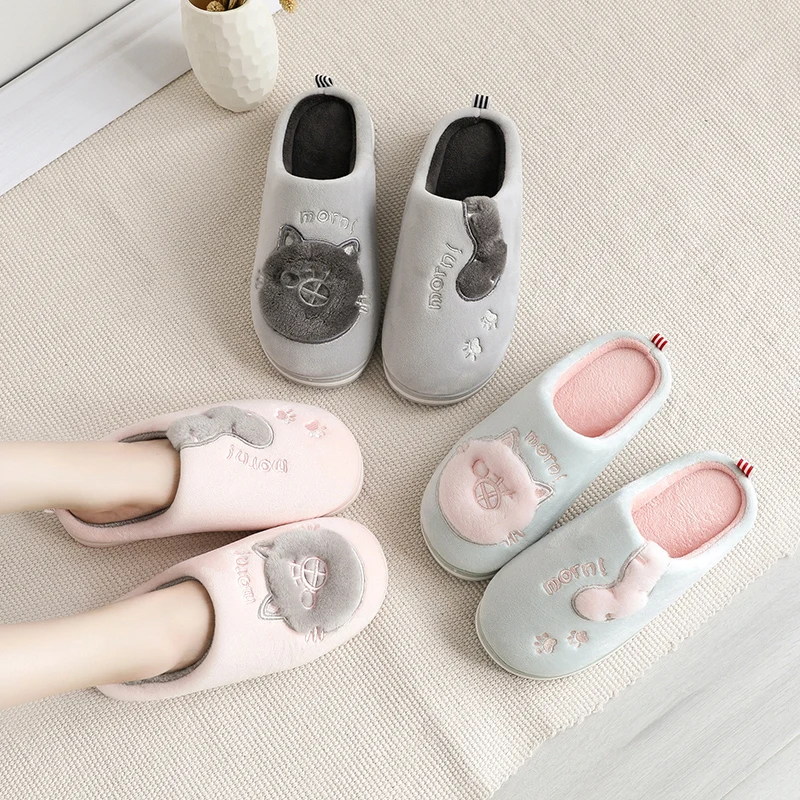 2024 Style Comfortable Winter Shoes Warm Fleece Cozy Non-slip Cotton Household Cartoon Cute Cat Sandal Outdoor Couples Slippers