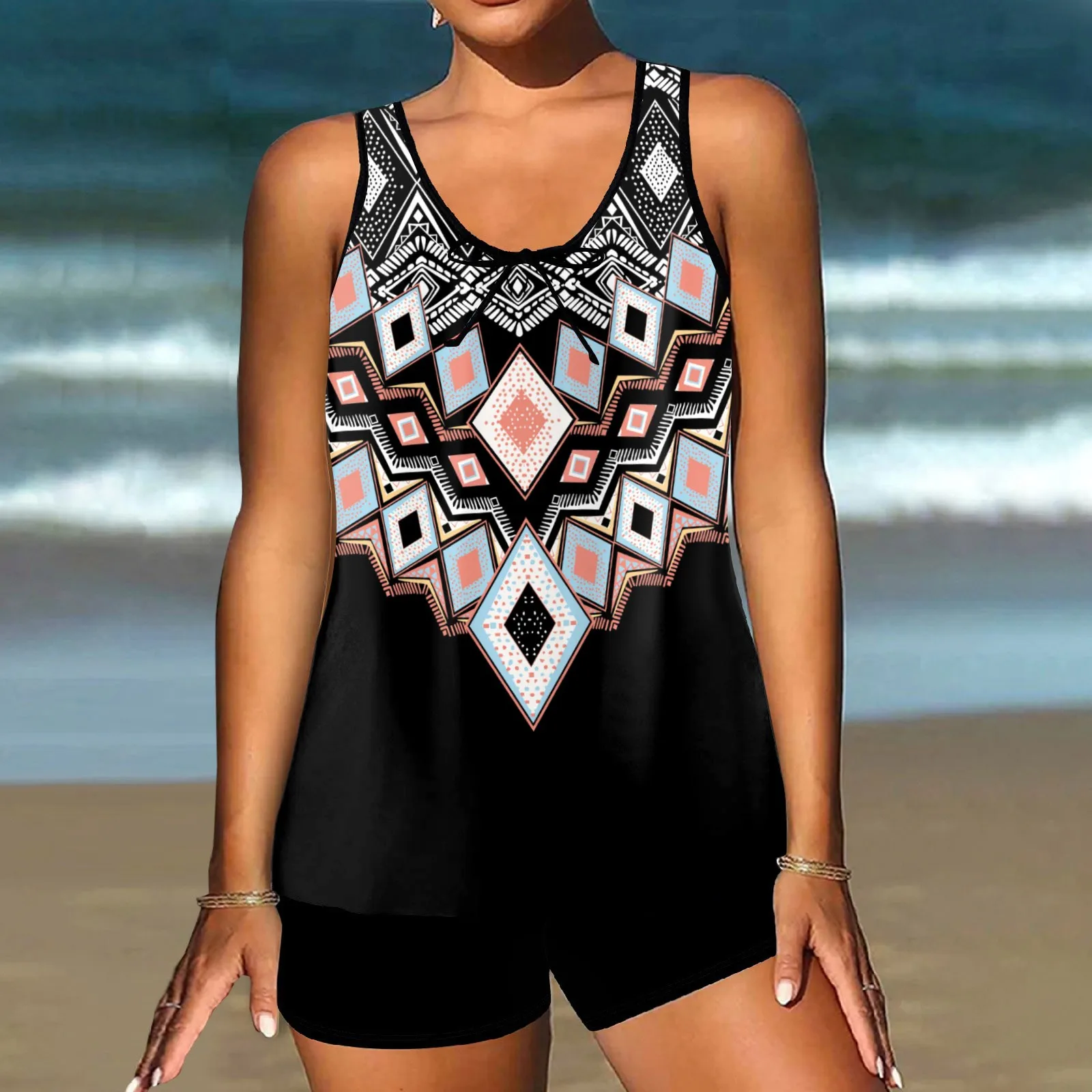 حجم كبير المرأة انقسام بيكيني ملابس السباحة مثير سليم صالح مطبوعة حبال سبليت سراويل بوكسر المايوه المحافظين قطعتين ملابس السباحة