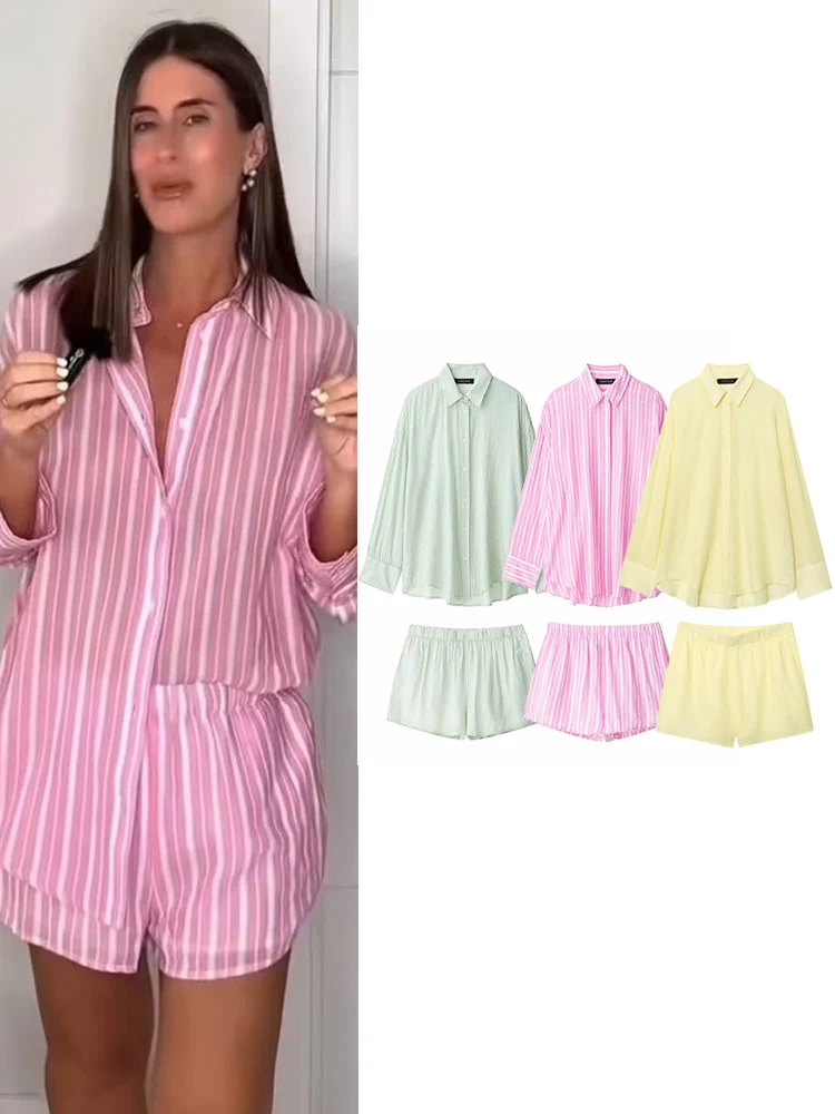 

TFMLN 2025 New Women's Striped Shorts Sets Two Piece Summer Thin Loose Shirts Elastic Waist Shorts Suit Women Casual Outfits