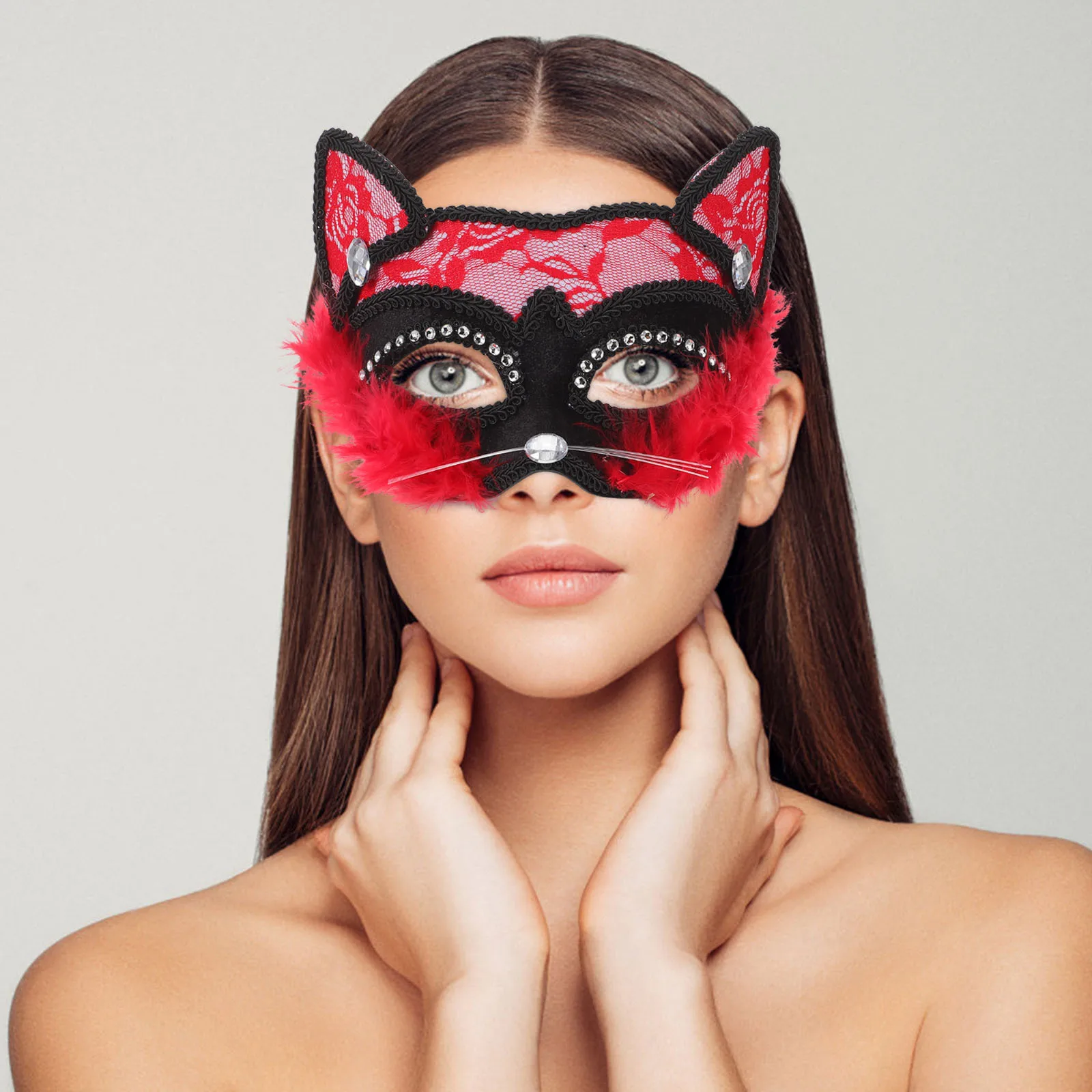 2Pcs Masquerade Cat Mask Lace for Women Halloween Party Costume Cosplay Cat Face Mask Breathable Adjustable Fit