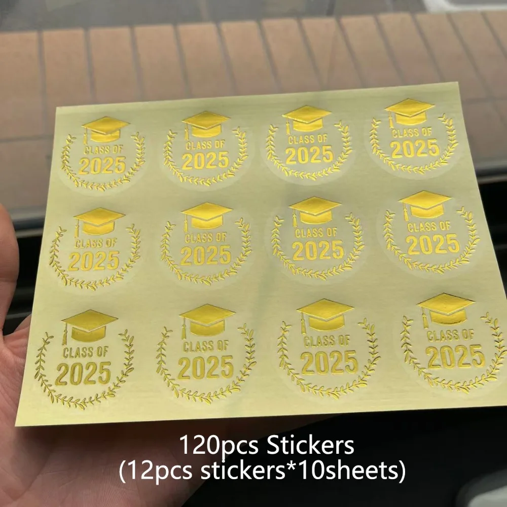 120pcs Gold Foil Class of 2025 Stickers Waterproof Transparent Happy Graduation Party Supplies Envelope Seals DIY