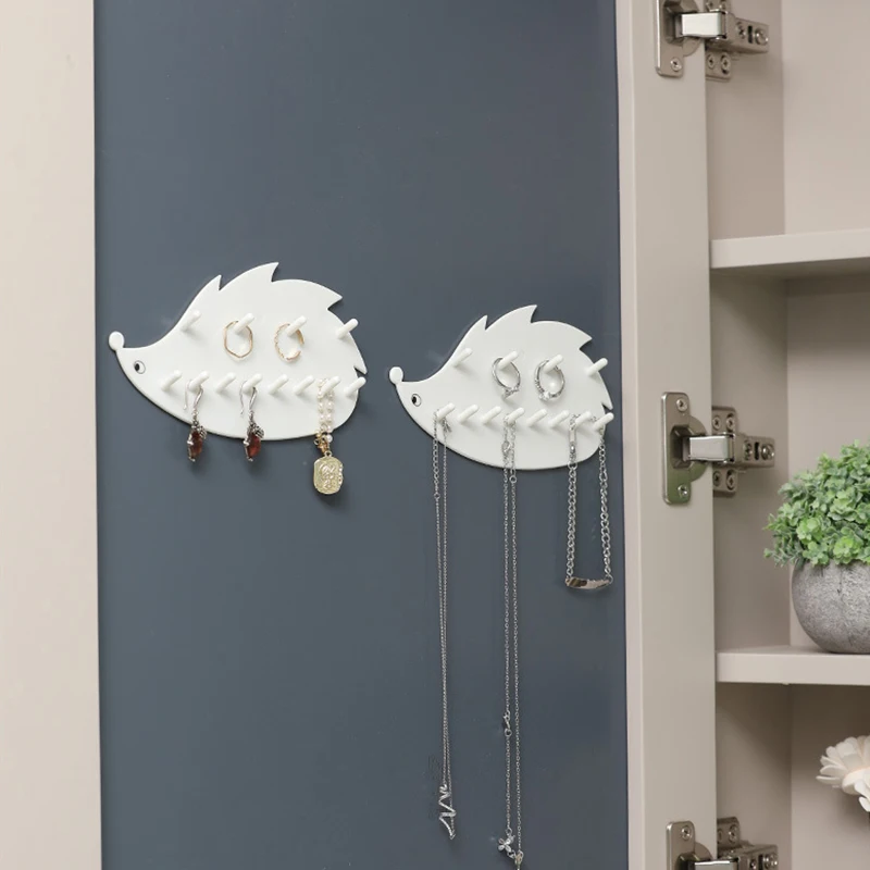 Cute Hedgehog Shape Sticky Hook Multifunctional Jewelry Hanger Wall Mounted Perforated Storage Cabinet Key Necklace Storage Rack