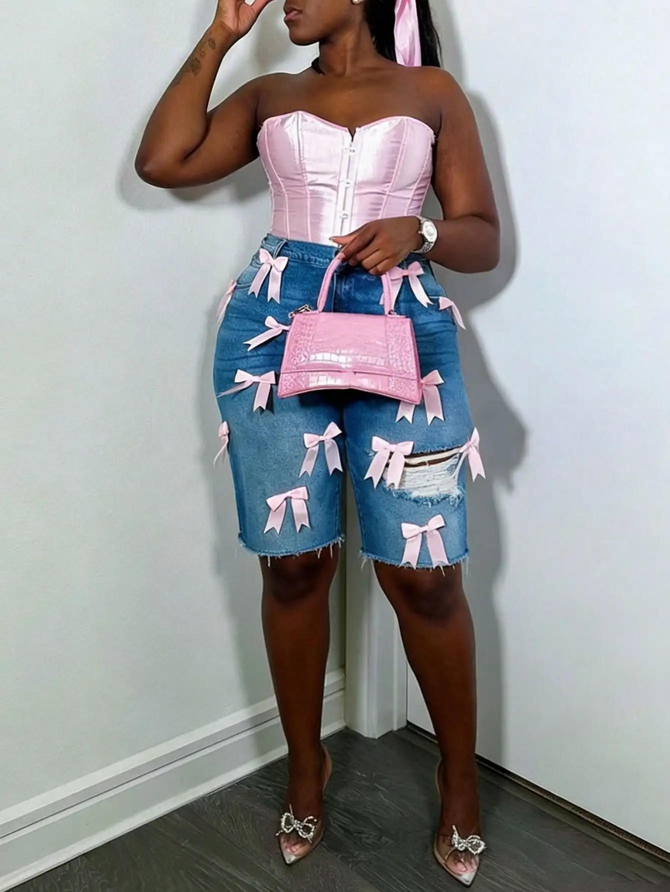

GLOURI Women High Waist Denim Bermuda Shorts with Pink Bow & Ripped Details for Y2K Party