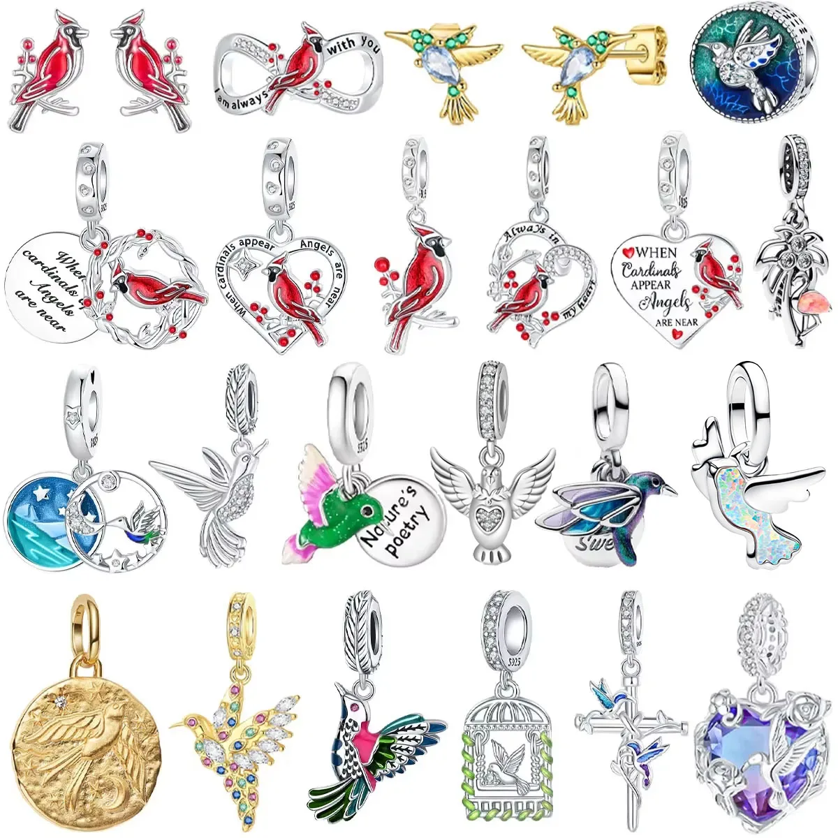 Original 925 Sterling Silver Charms Birds Hummingbirds Swallows Ear Stud Beads Pendants Fit Bracelet Necklace DIY Jewelry Gift