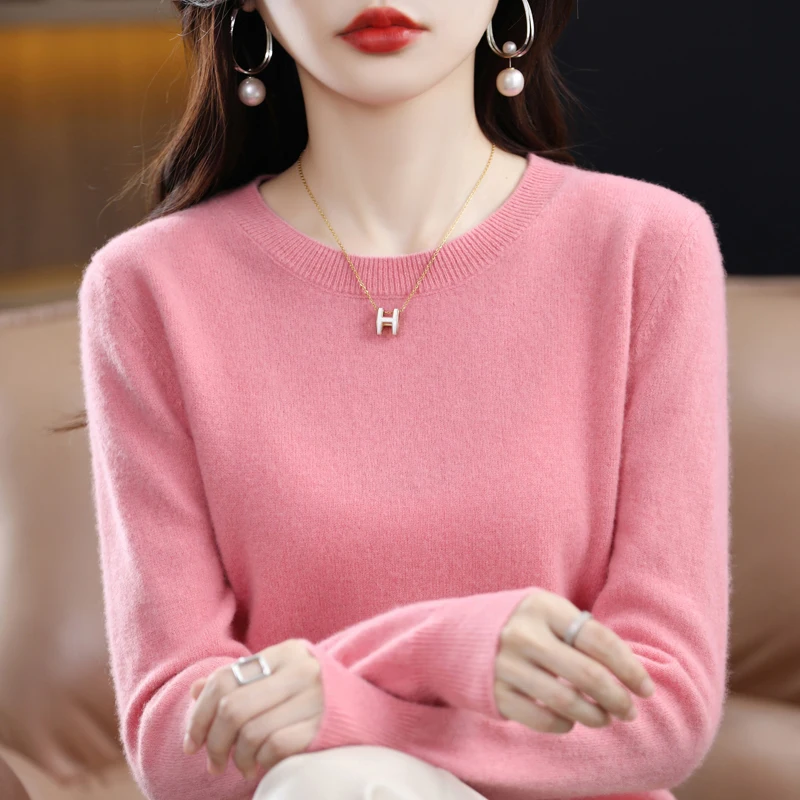 Autumn and winter new 100% merino sweater O-neck knitted ladies high-end solid color long-sleeved warm cashmere sweater top.