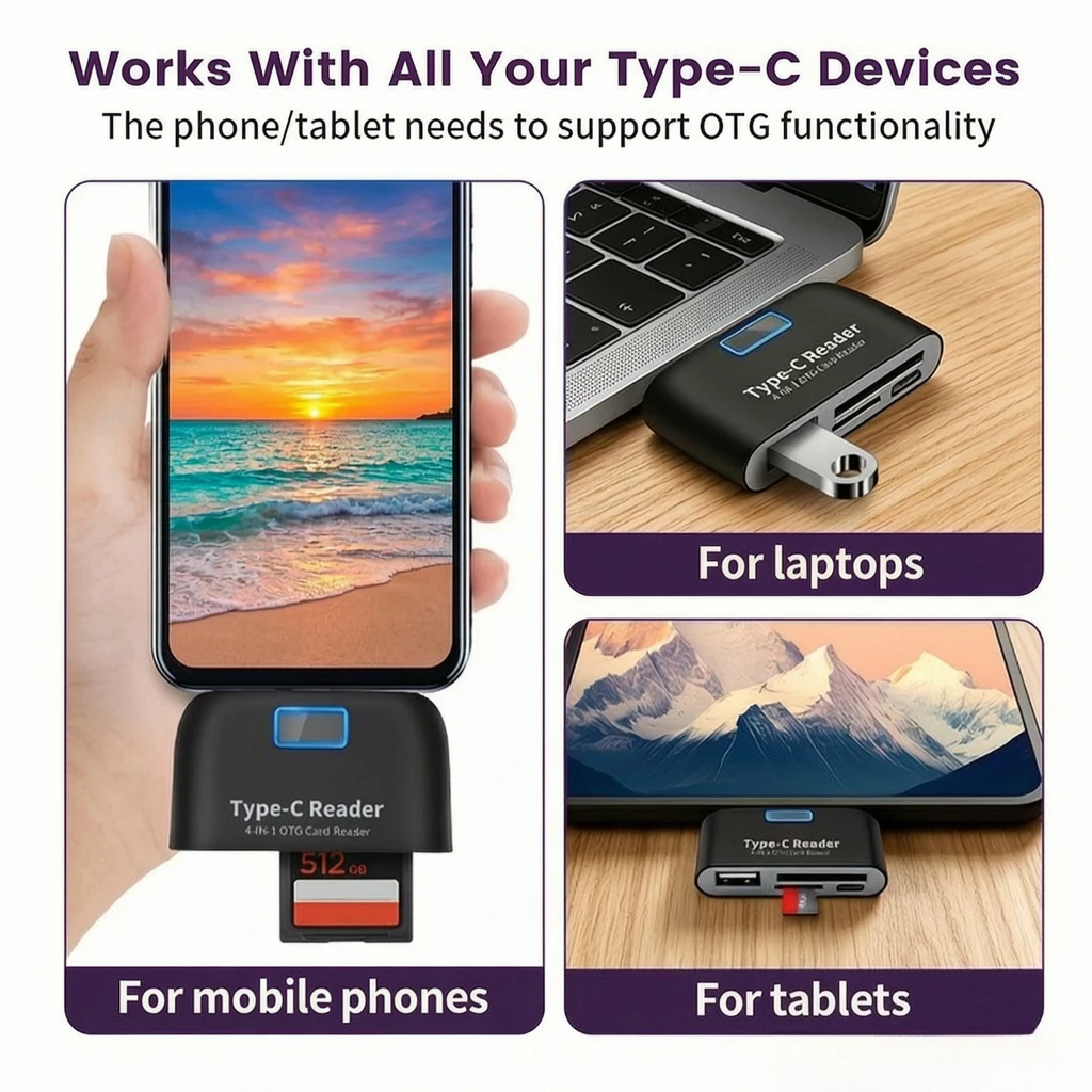 4-in-1 OTG Card Reader, High-Speed SD/TF Adapter, Driver-Free Portable External Reader for Type-C Cameras & Smartphones