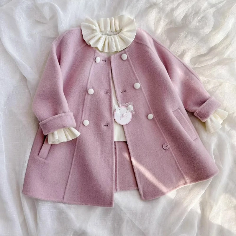 Ins Handmade Vintage 100% Wool Double-sided Cashmere Handmade Girls Coat Pink Two-wear Collar Kids Boutique Wool Jacket