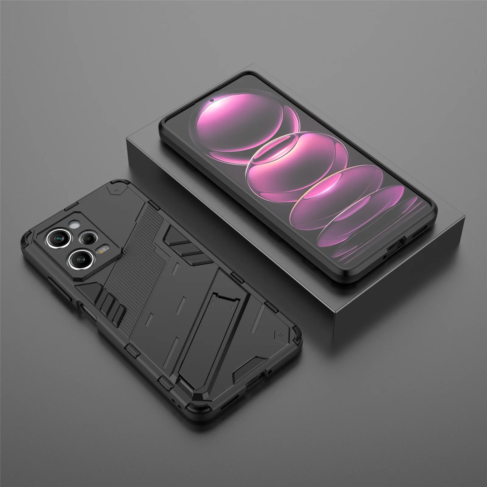 Picture 7: For Xiaomi Redmi Note 12 Pro 5G Hard PC+Soft TPU Kickstand Case Anti-scratch Mobile Phone Cover - Black