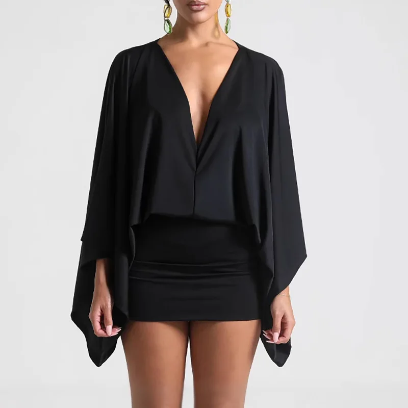 فستان نسائي كاجوال بأكمام تشبه جناح الخفّاش بلون سادة فستان قصير أنيق ثنيات من الساتان ملفوف على الورك مثير عميق على شكل حرف v عالي الخصر فستان قصير