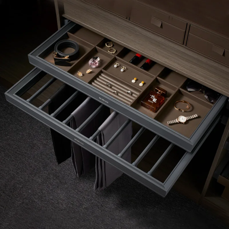 Built-in pull-out pants rack in wardrobe, telescopic slide rail, cloakroom pull basket, multi-functional jewelry box