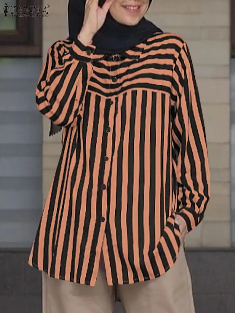 ZANZEA Women Casual Striped Shirts Muslim Fashion Patchwork Long Sleeve Turn-down Collar Camisas Autumn Elegant Islamic Blouses