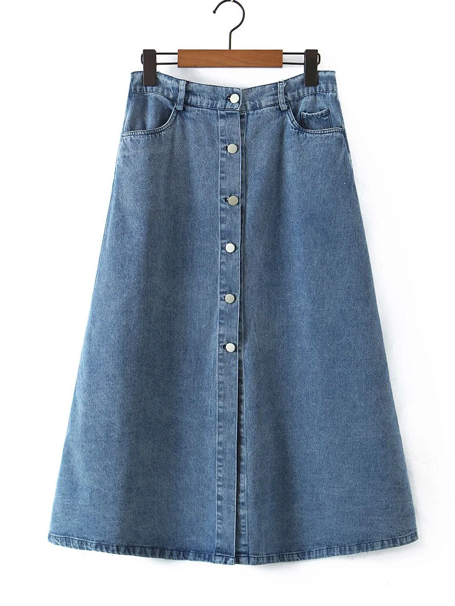 Good Quality Plus Size Washed Denim Skirt Women 2023 Spring Summer Korean Retro Fashion Slit Single Breasted A-line  Bottoms