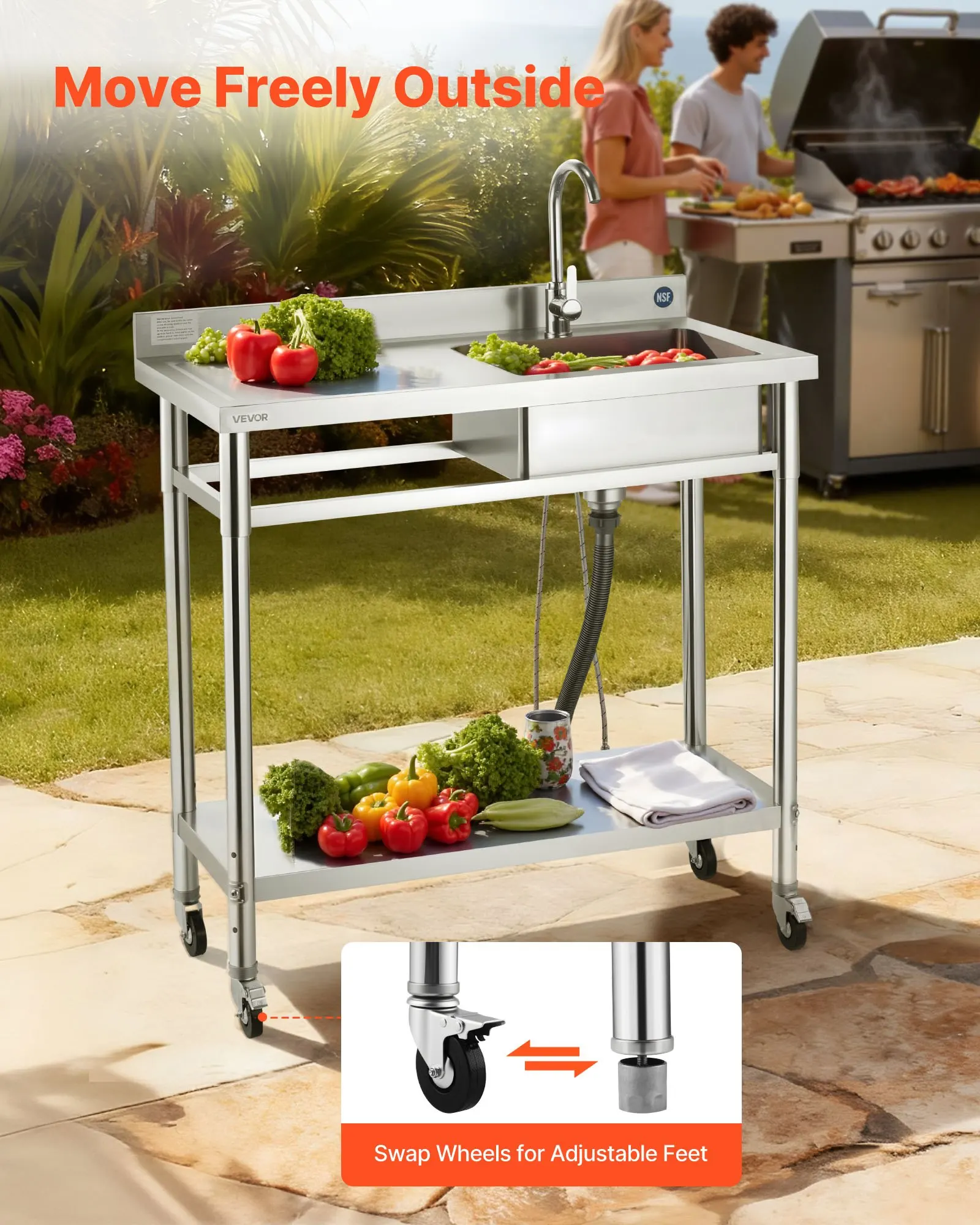 

Stainless Steel Utility Sink, Rolling Single Bowl Commercial Kitchen Sink With Wheels, Faucet And Hot & Cold Water Pipe,