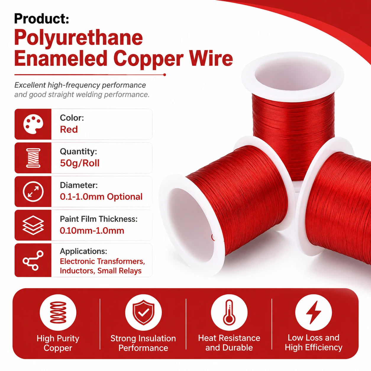 

1Roll 50g Red Polyurethane Enameled Copper Magnet Wire 0.1-1.0mm for Coil Winding Transformer And Motor Use