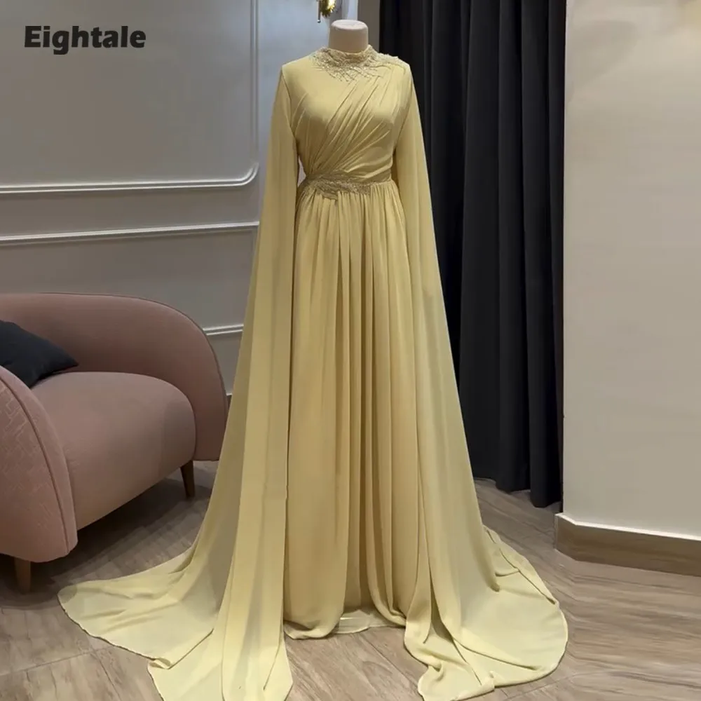 

Eightale золотое вечернее платье шифоновое с высоким воротом и бисером знаменитости с накидкой и рукавами свадебное платье для выпускного вечера вечернее платье robe de soiree