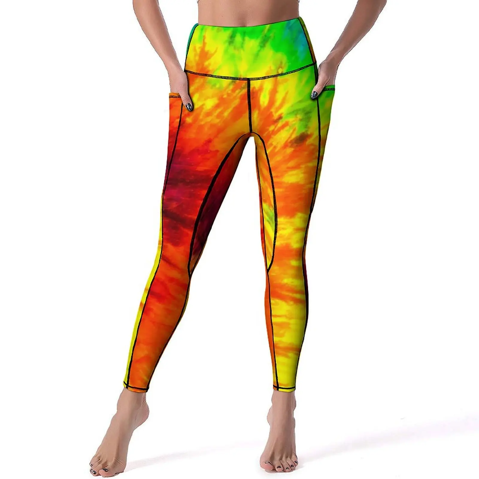 

Red Yellow Tie Dye Leggings Abstract Retro Style Work Out Yoga Pants High Waist Elegant Sport Pants Stretchy Custom Yoga Legging