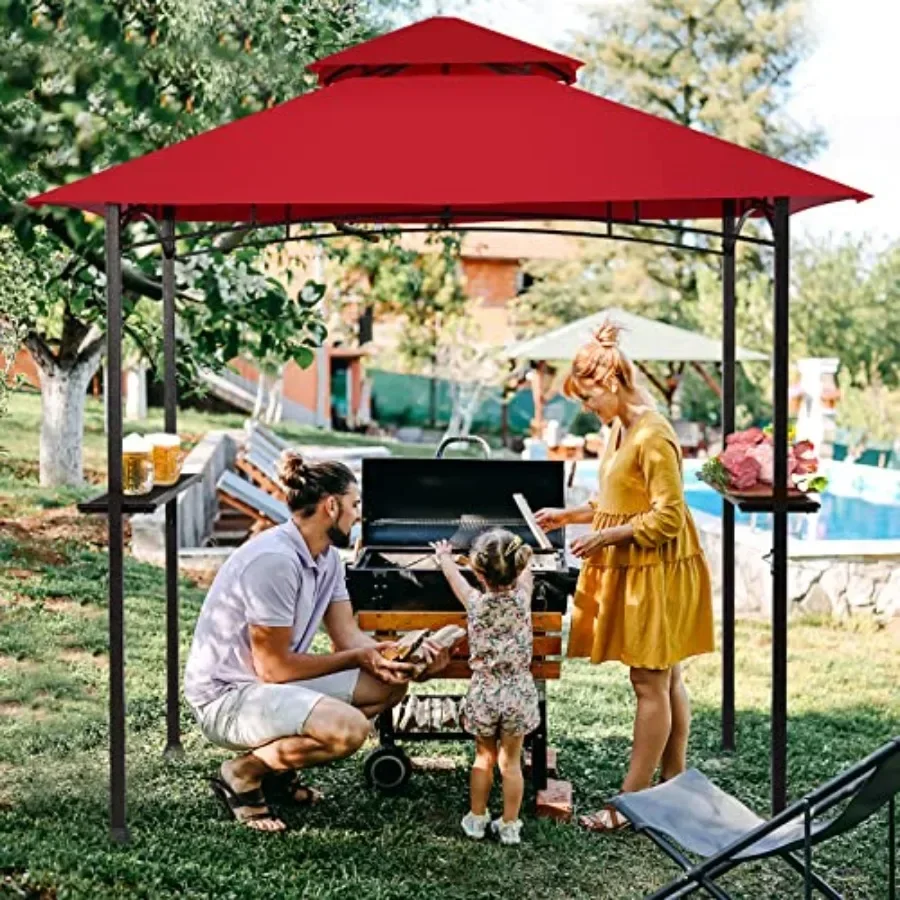 Grill Gazebo 8Feet x 5Feet Grill Station with  Heavy Duty Steel Fe 2 Side Shelves 5 Hooks 8 Ground Stakes Outdoor Grill Shelter