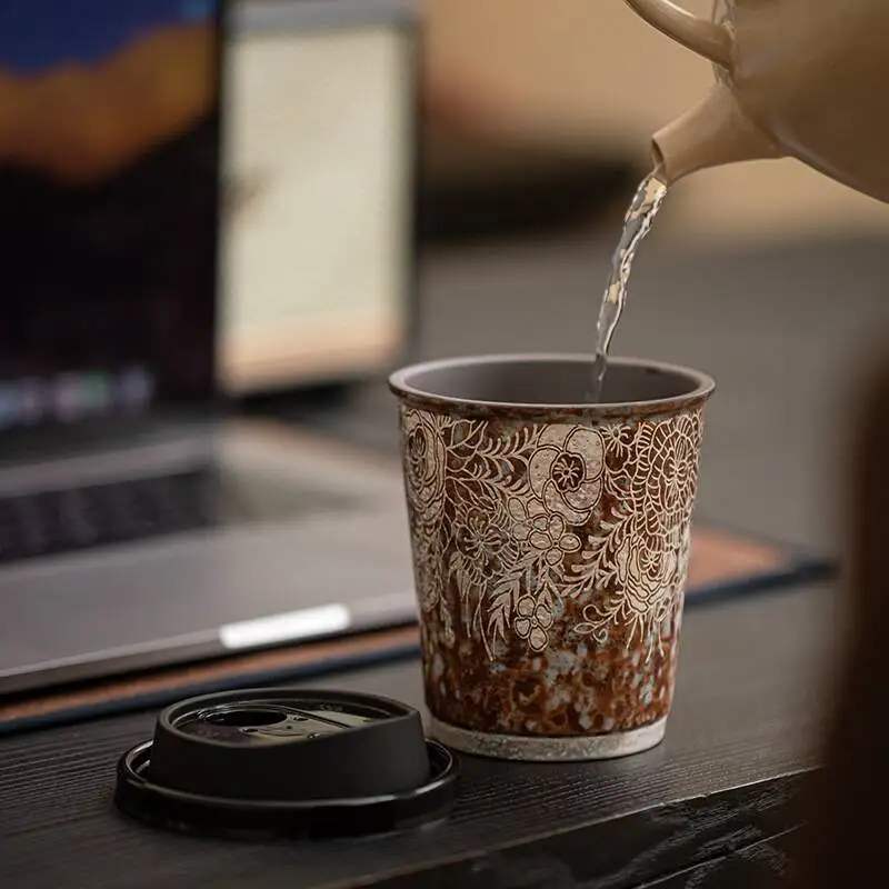 كوب قهوة مطلي بالفضة على شكل زهرة من الطين الصخري القديم، كوب ماء كبير للمكتب المنزلي الخشن، كوب مفيد، كوب كولا #3