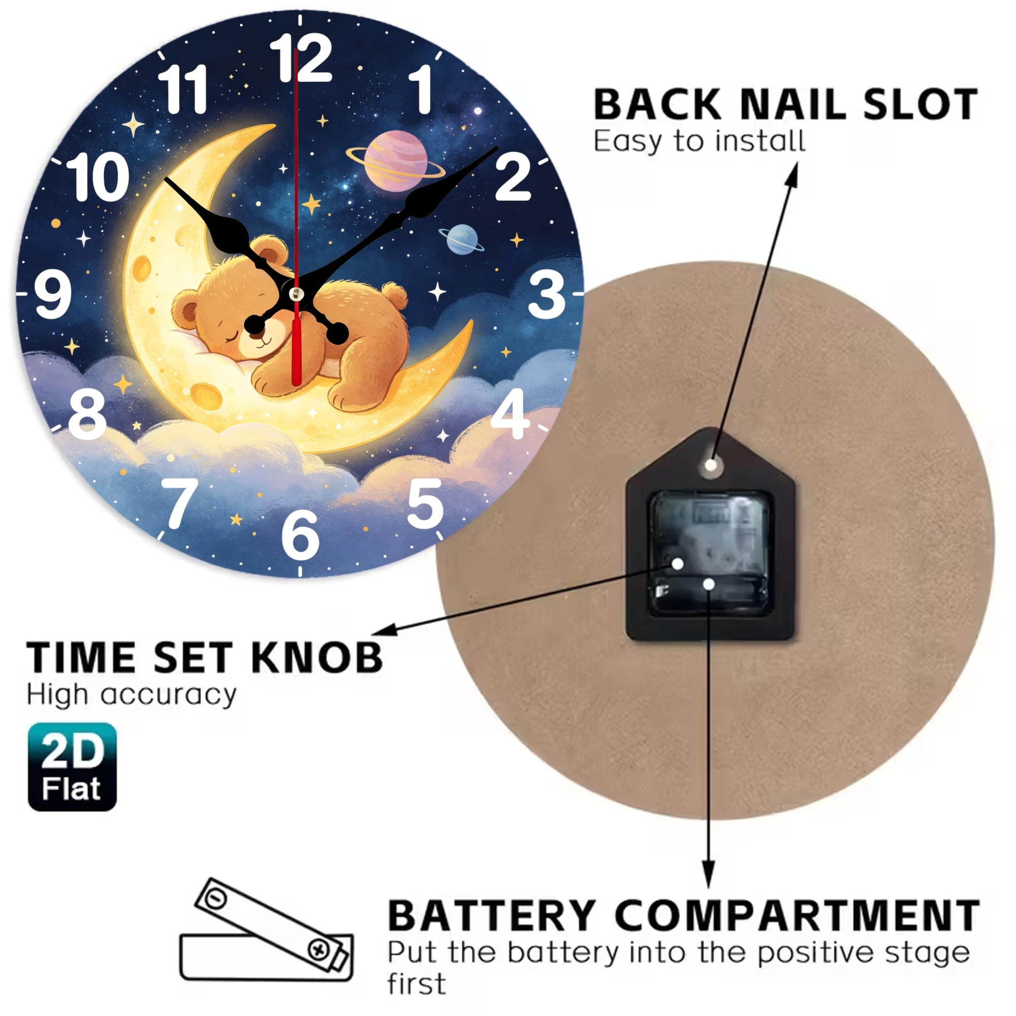 Cute Sleeping Bear on Crescent Moon Wooden Wall Clock, 10/12 Inch Round Wood Clock, Silent Non Ticking Quartz Movement, Starry Night Sky Planet Nursery Printed Home Decor