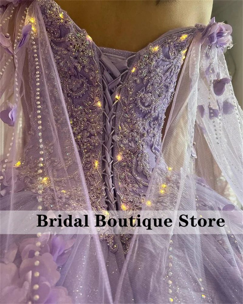 Lavender Flowers Princess Quinceanera Dresses With Detached Cape Beads Crystal Sweet 16 Dress Vestido De 15 Años Customized