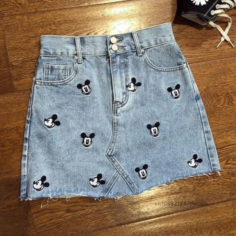 Disney Mickey Embroidered Denim Short Skirt Women Korean Version High Waist Student Skirt Spring Summer New Fashion A-line Skirt