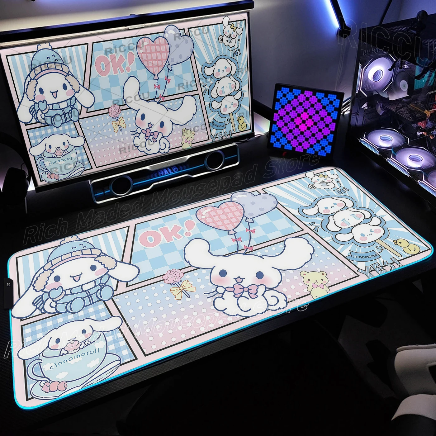 LED Cinnamoroll Mouse Pad Laptop Kawaii Sanrio Keyboard Rug RGB Extended Mousepad Large PC Cute Anime Gamer Cabinet Desk Mat Rug