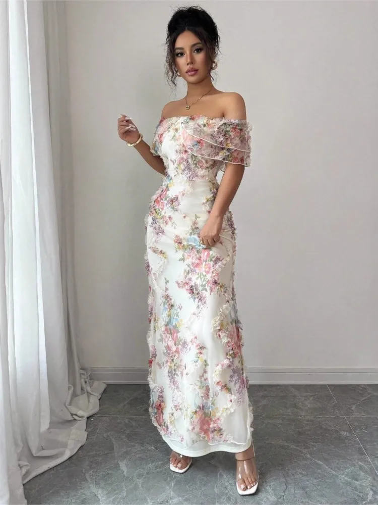 Sexy Boat Neck Dress For Women Fashion Spring Summer Elegant Romantic Ruffled Off-shoulder Waisted Floral Printing Dress Female