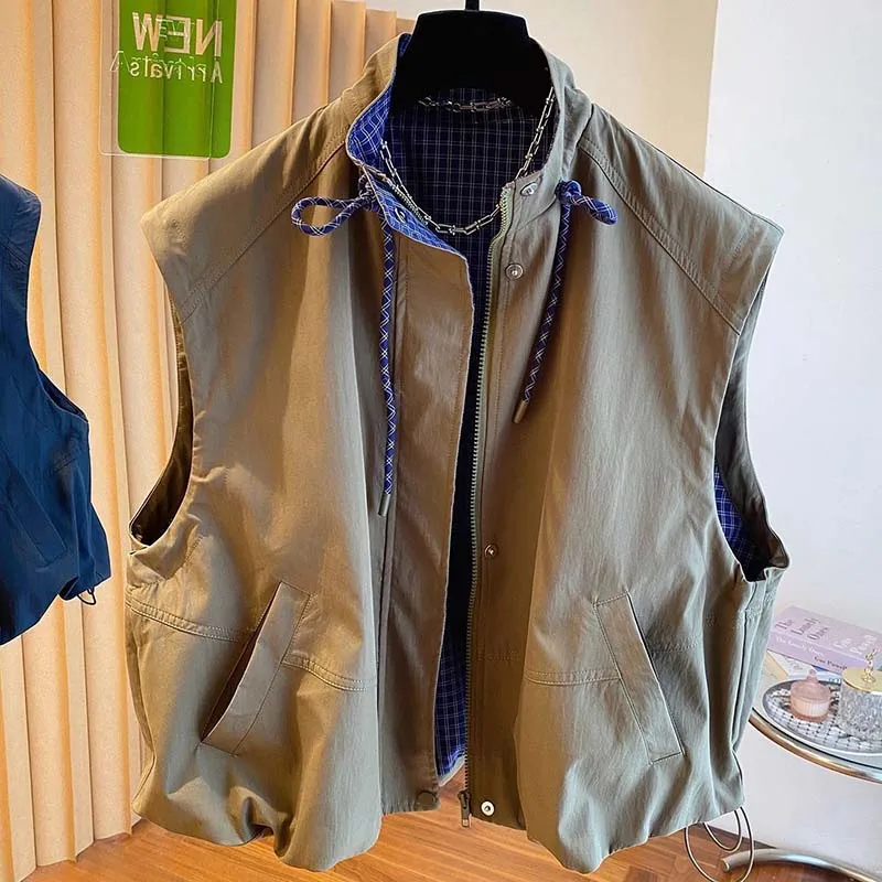 Korean Casual Loose Stand Collar Sleeveless Vest Coats 2027 New Women Autumn Drawstring Waistcoat Daily Wear Vest Coats
