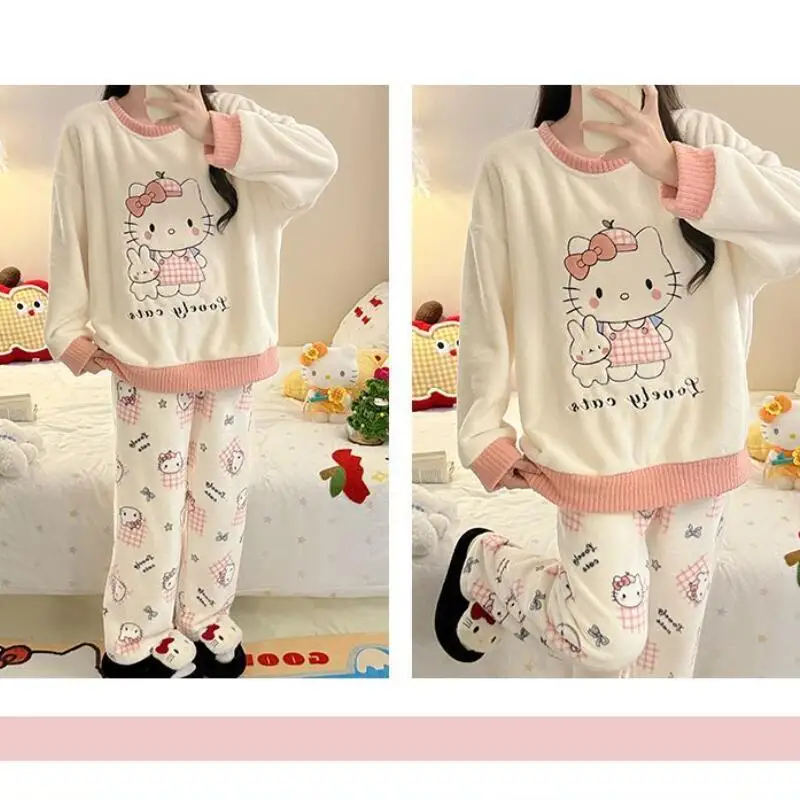 

Женская пижама Hello Kitty, новая осенне-зимняя коллекция, милый комплект из кораллового флиса и плюша, теплый и уютный домашний костюм, кавайная ночная одежда