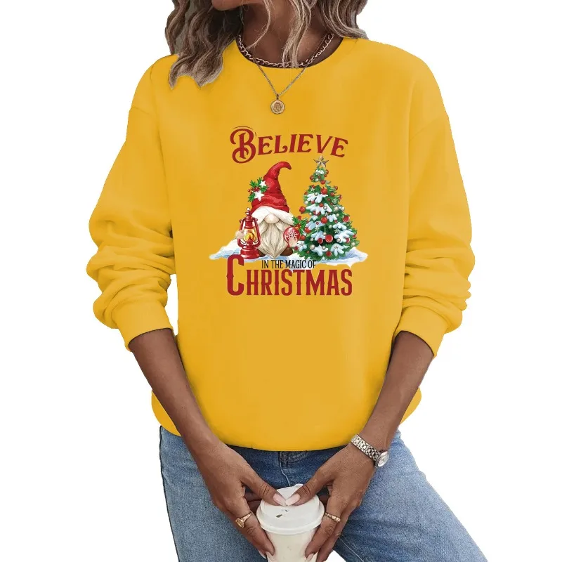 크루넥 후드티 크리스마스 긴팔 핫 산타 트리 프린트 스웨트셔츠 스트리트웨어 여성 스웨트셔츠 후드티 여성