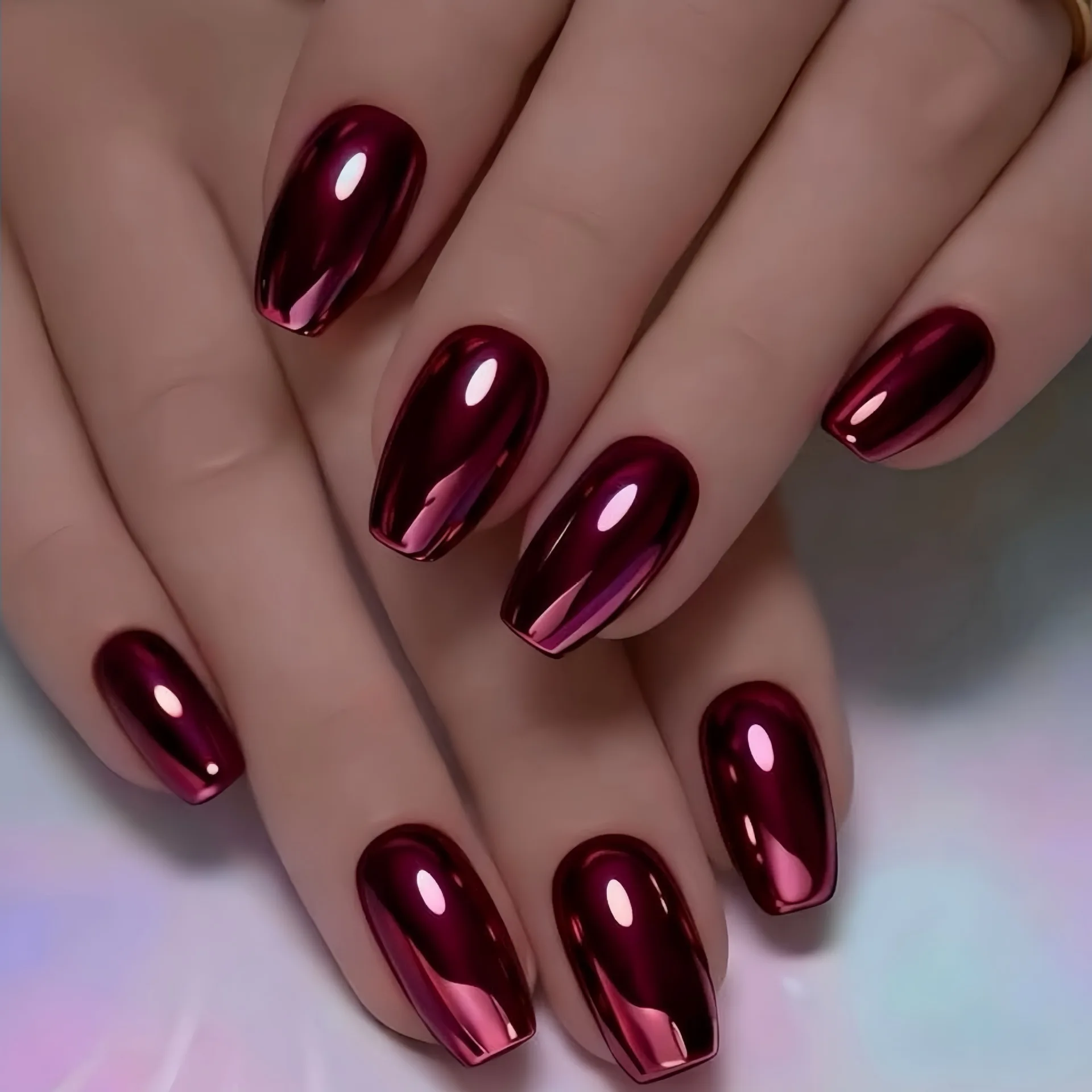 Medium vierkante nepnagels voor dames en meisjes, wijnrood, groen metallic, holografisch geplateerde nageltips, volledige dekking, opdrukbaar, valse nagelkunst