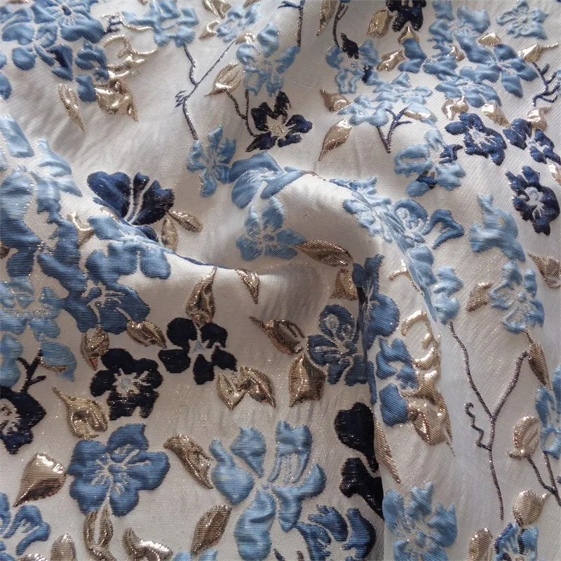 Blue Gold Silk Relief Jacquard Flowers Fabric Chinese Style Relief Qipao Women's Dress Skirt Clothing Designer Fabric