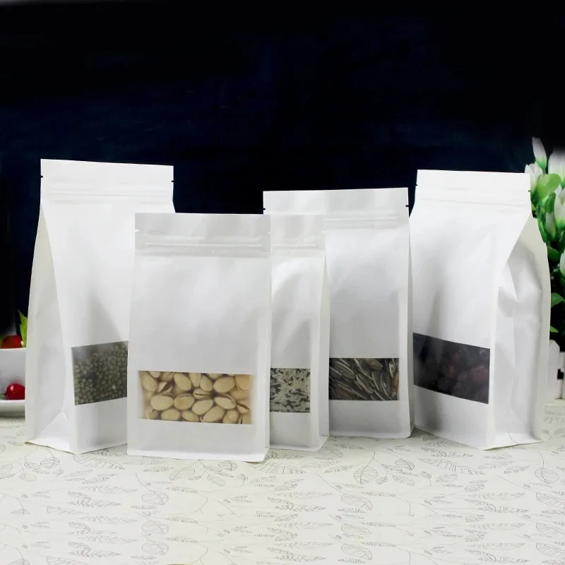 Bolsa de embalaje con cierre de cremallera, ventana de papel blanco 3D, bolsas de almacenamiento resellables para aperitivos, galletas, té, café, especias, azúcar y nueces