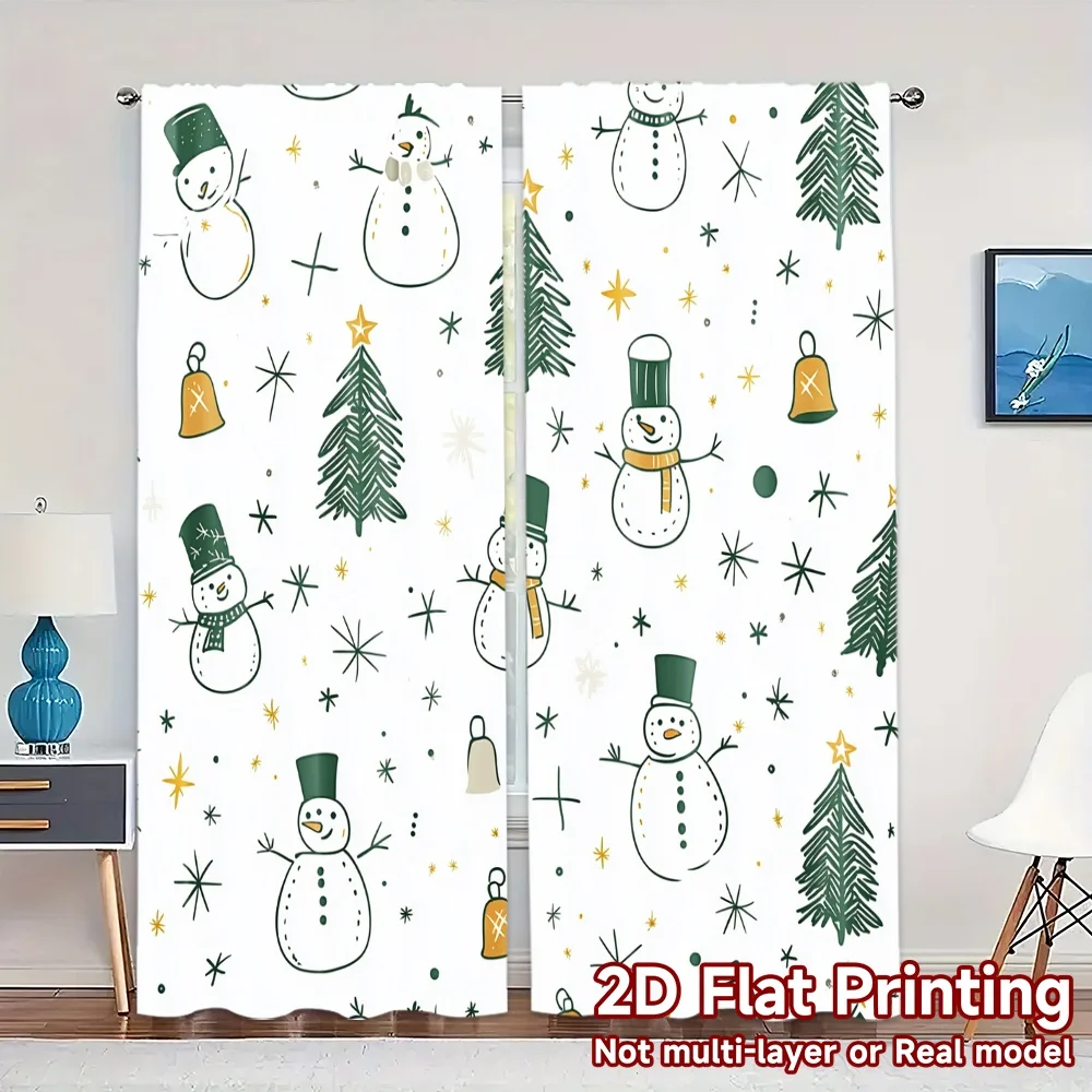 2pcs,Curtains Cute Christmas Snowman Tree Gift Chic Curtains Digital Printed Semi-Sheer Curtains Versatile All Suitable for