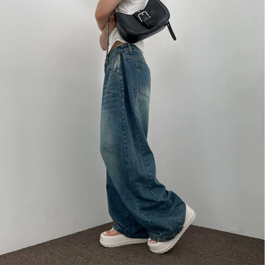 Washed Denim High Waist Wide Leg Jeans Vintage  Ear Cuffed Trousers Casual Straight Leg Pants Adjustable Loose Fit Jeans