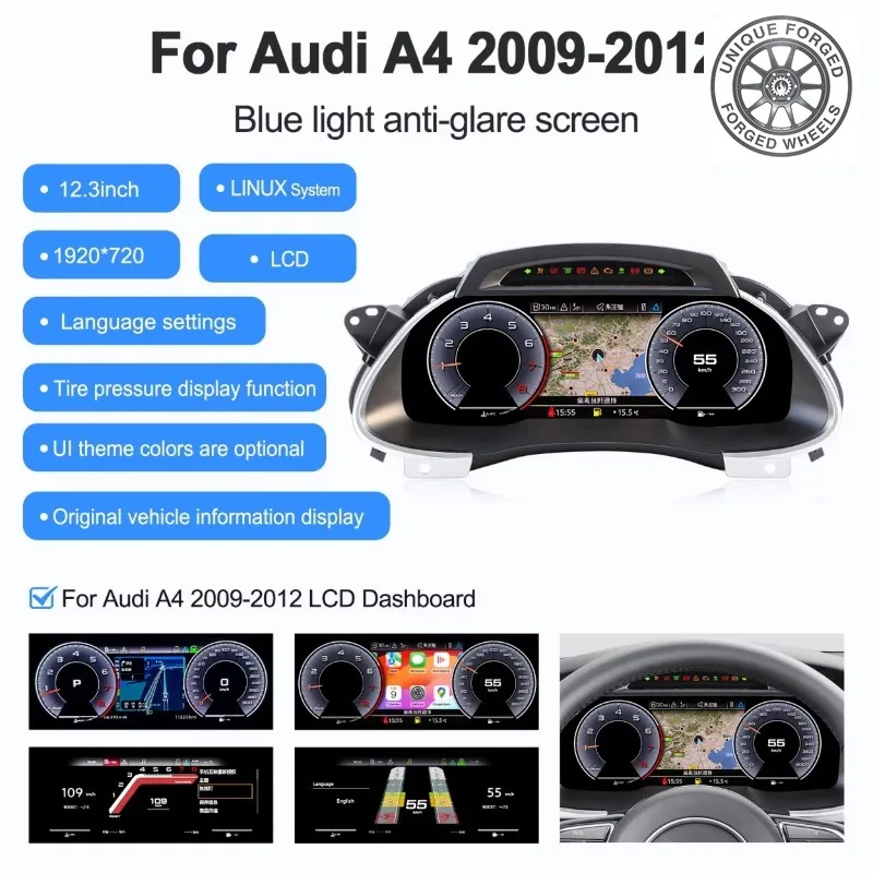 26 Style Car Digital Instrument Cluster For Audi A4 2009-2012 LCD Dashboard Speedometer Linux System Upgrade