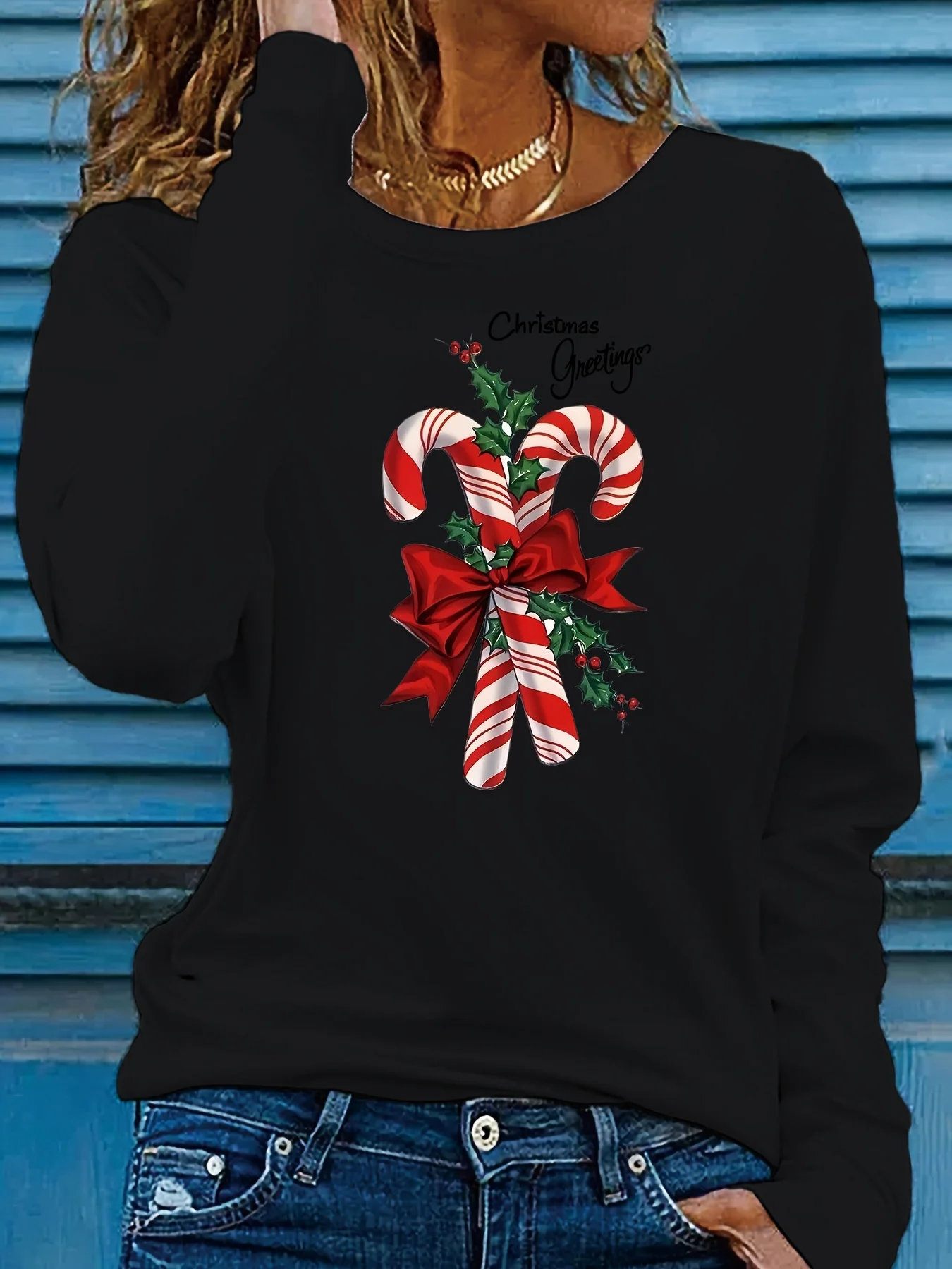 Plus Size Plus Size  Long Sleeve T-Shirt for Women Featuring a Christmas Candy Bar And Holly Design - Made from Casual Fabric, with a Round Neck for Year-Round Comfort And a Regular Fit, Perfect for The Holiday Season