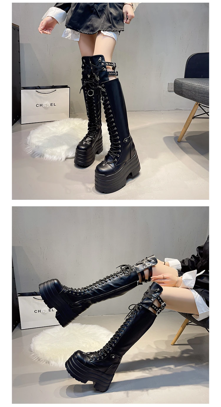 Punk Damenstiefel Cosplay Hohe Stiefel Komfortable Lange Overknee-Stiefel Plateau Hohe Keilabsätze Damenschuhe im Gothic-Stil – Detail 10