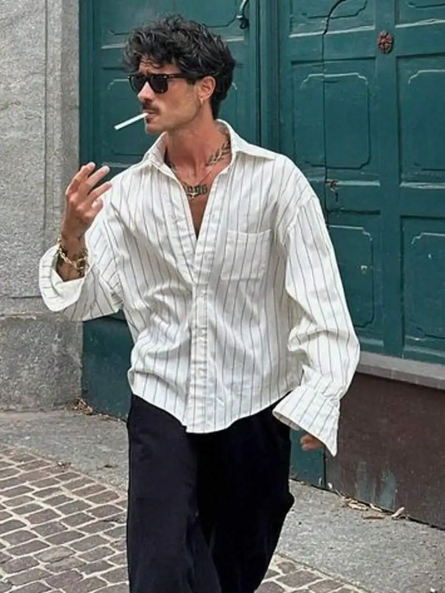 

Men's Striped Long Sleeve Casual Shirt, Loose Fit, Cotton Blend, Spring Autumn Wear