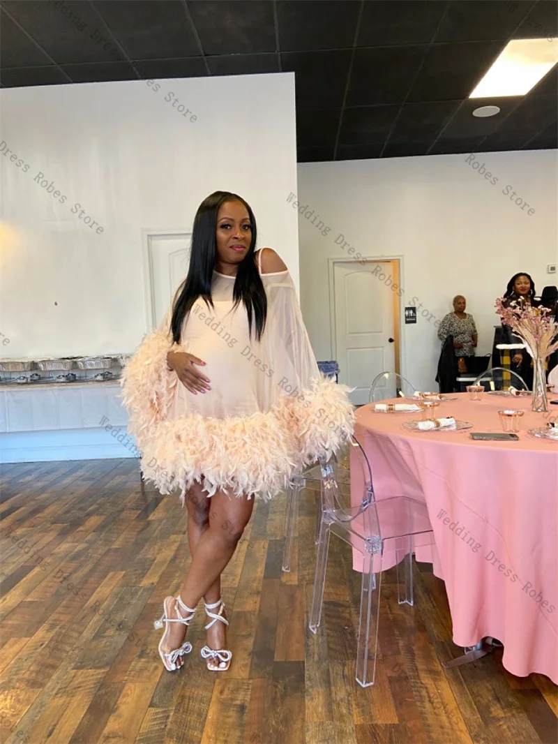 

Feather Pink Woman Prom Dress For Photoshoot 2 Pcs Sexy Sheer Bridal Morning Robes Night Gown Sleepwear Customized