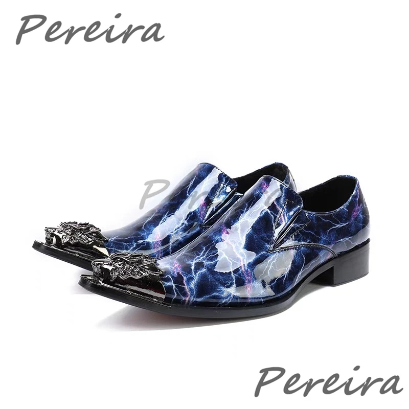 Blue Glossy Leather Men's Formal Shoes Trend Iron Pointed Toe Thick Heel Loafers Performance Banquet Party Dress Shoes Plus Size