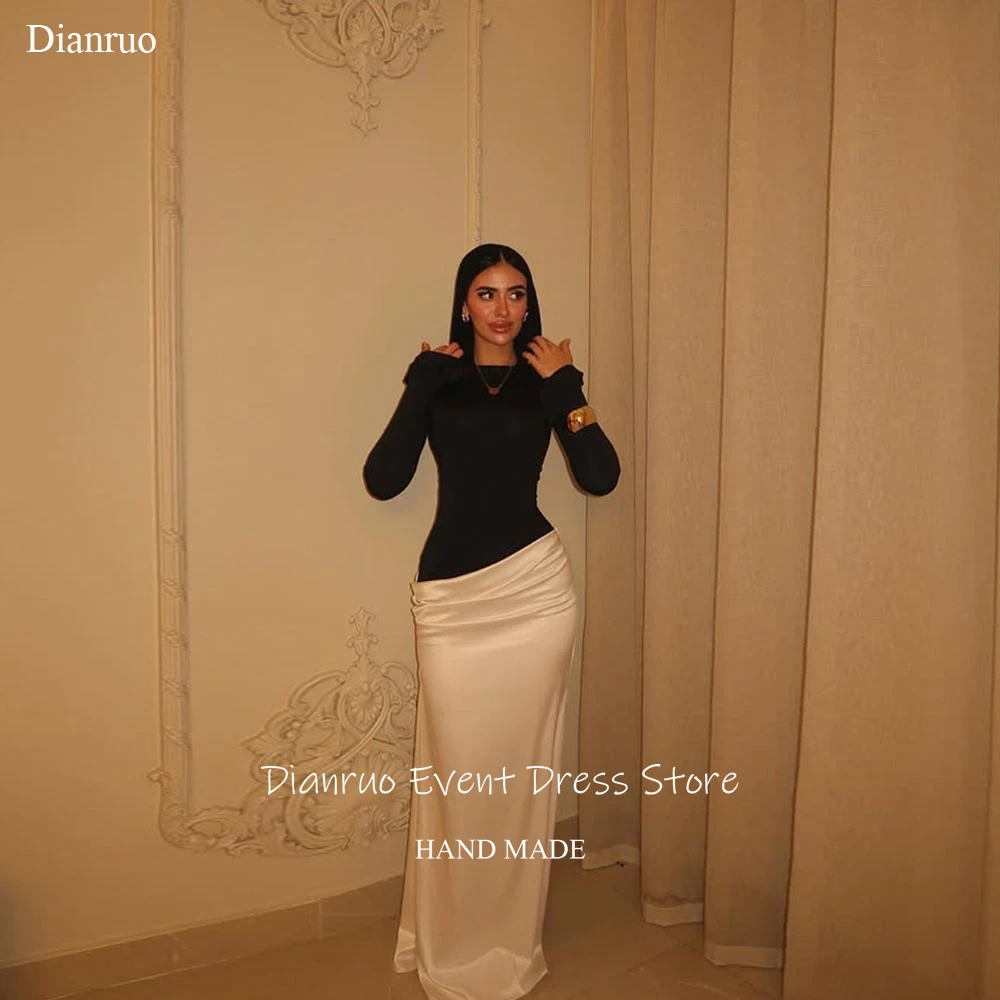 

Dianruo Muslim Modest Evening Dresses Satin Asymmetric Ruched Prom Gowns Long Sleeves Dress For Wedding Guest Elegant Customized