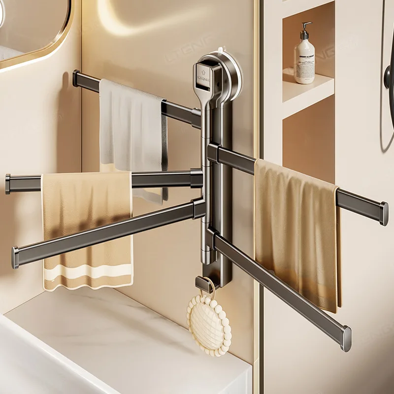 رف مناشف دوار بكوب شفط، رف مناشف حمام متعدد الأقطاب مثبت على الحائط غير مثقوب، رف تخزين