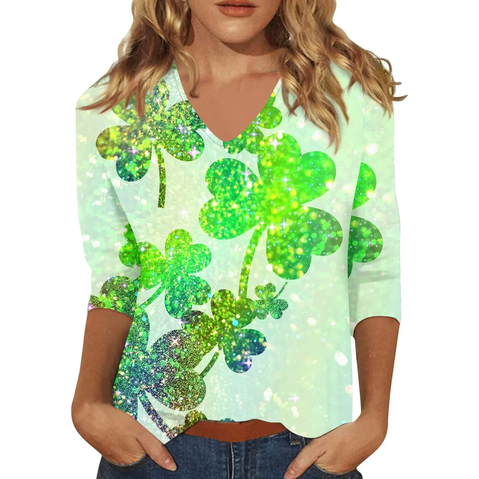 

Spring T Shirt Clover 3d Printed T-Shirt Womens Fashion T-Shirt St Patricks Day 3/4 Sleeve Tops Tees Women T-Shirt Tops Clothing