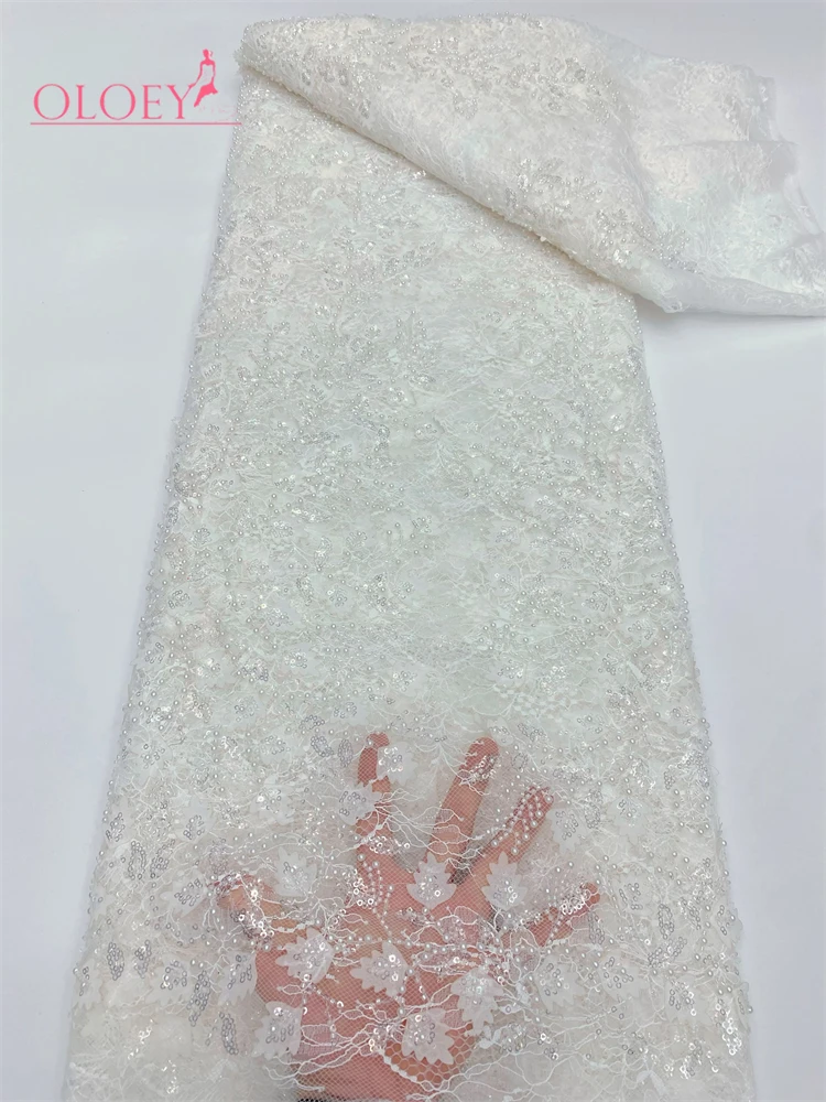 

OLOEY High Quality 3D Beaded Sequins Lace Fabric African Embroidery Nigerian French Tulle Net for Sewing Party Dresses Drapes