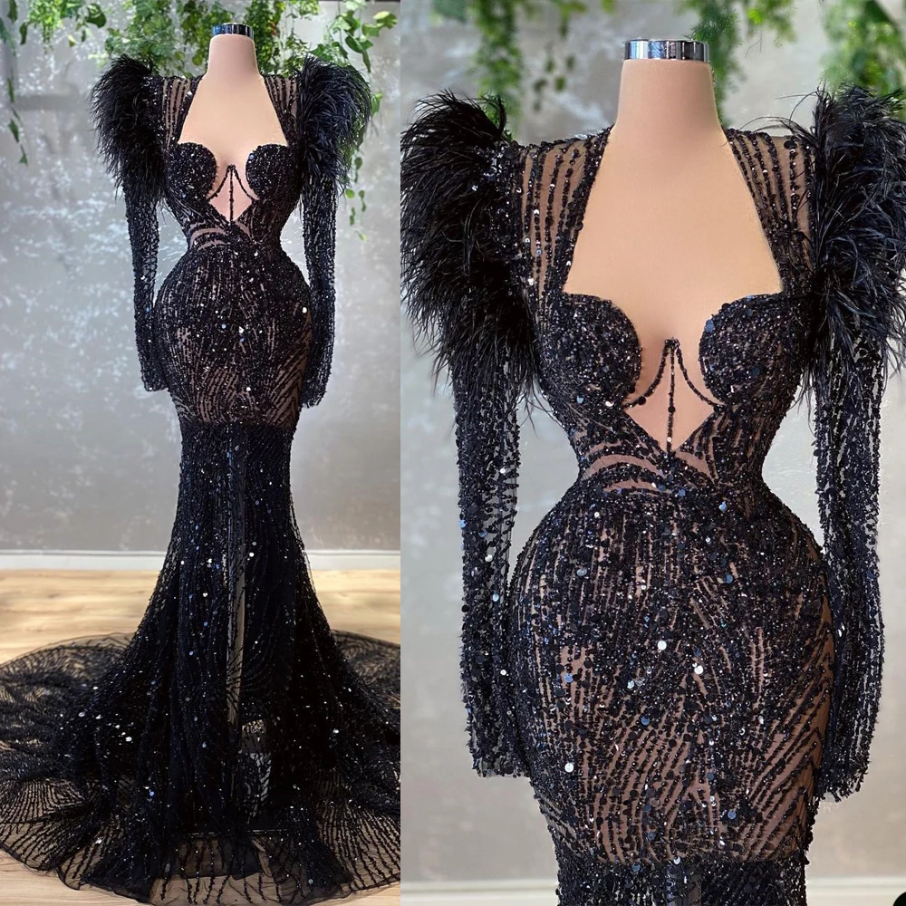 

Unique Black Feathers Evening Dresses See Through Illusion Prom Gowns Custom Made Sequined Beaded Women Formal Party Dresses