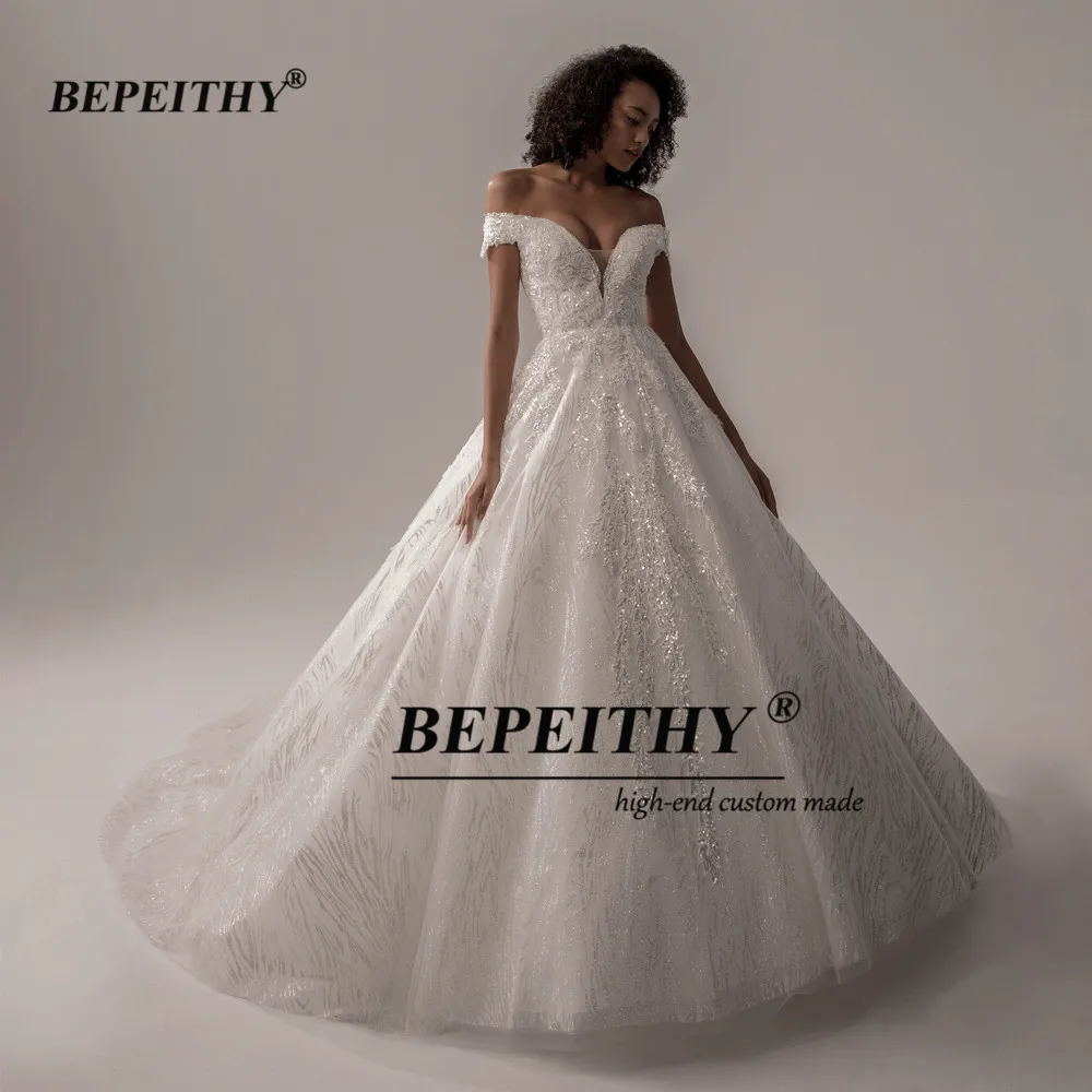 Bepeithy personalizado fora do ombro glitter vestidos de casamento para as mulheres 2022 dubai vestido de noiva luxo vestido de baile para noiva novo