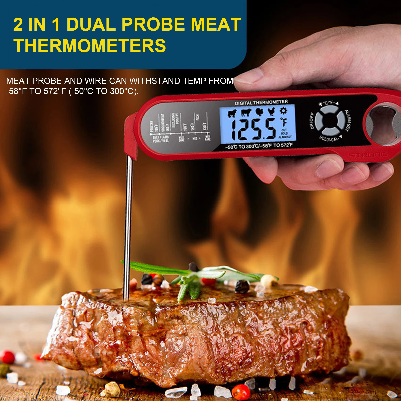 2 in 1 Dual Probe Instant Read Food Meat Thermometers for Kitchen Cooking Oven Grilling with Alarm Function Backlight Waterproof